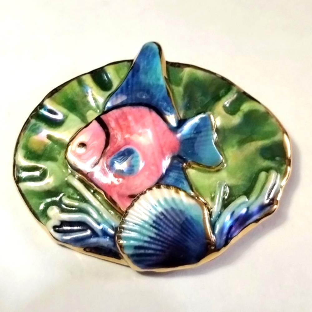 Vtg Ceramic Artist Made Lusterware Fish Pin Brooch Gold Accents